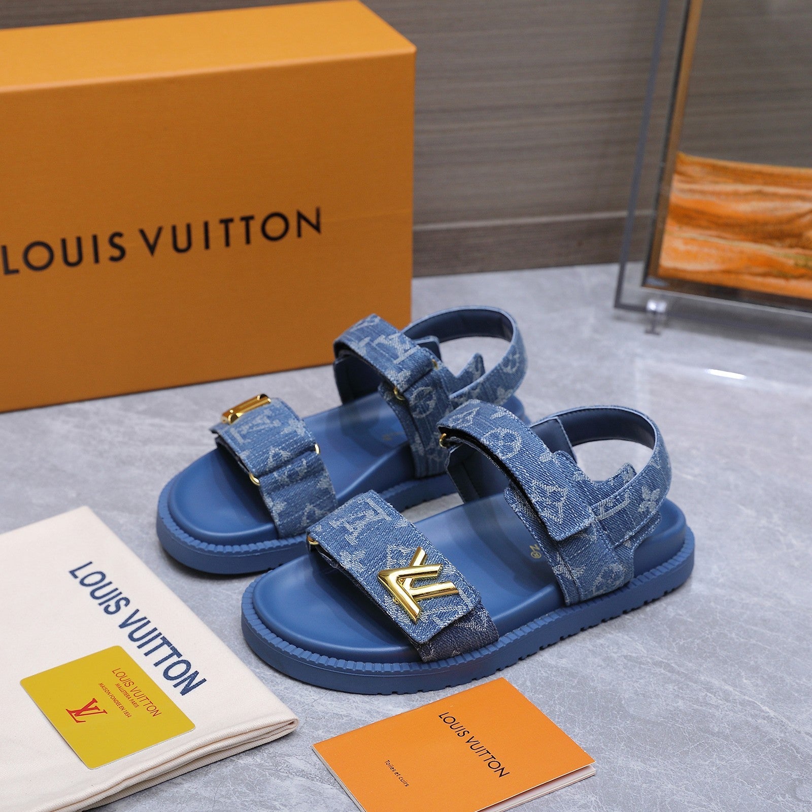 LV 26S SANDALS IN BLUE MONOGRAM COATED DENIM GOLD HARDWARE