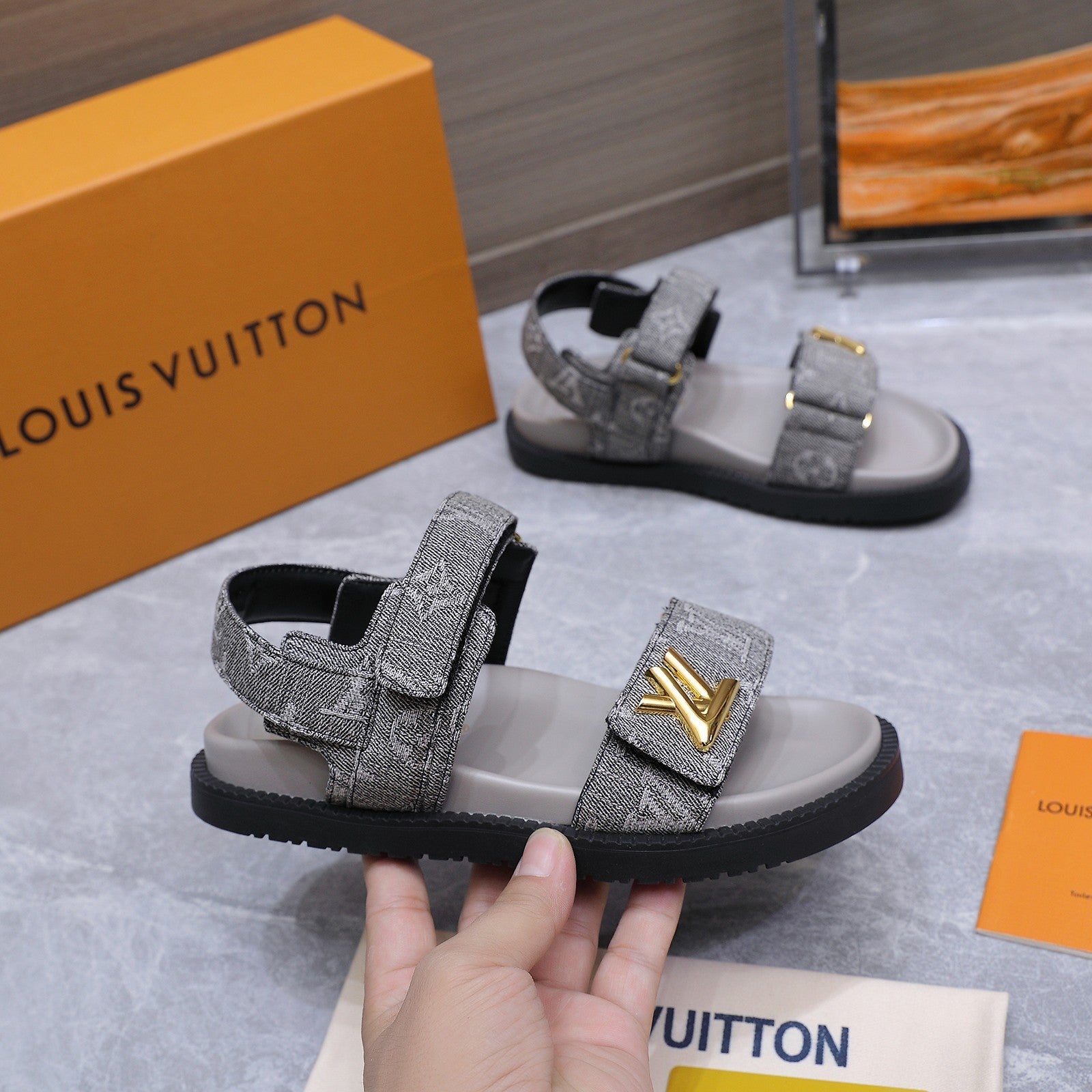 LV 26S SANDALS IN GREY MONOGRAM COATED DENIM GOLD HARDWARE