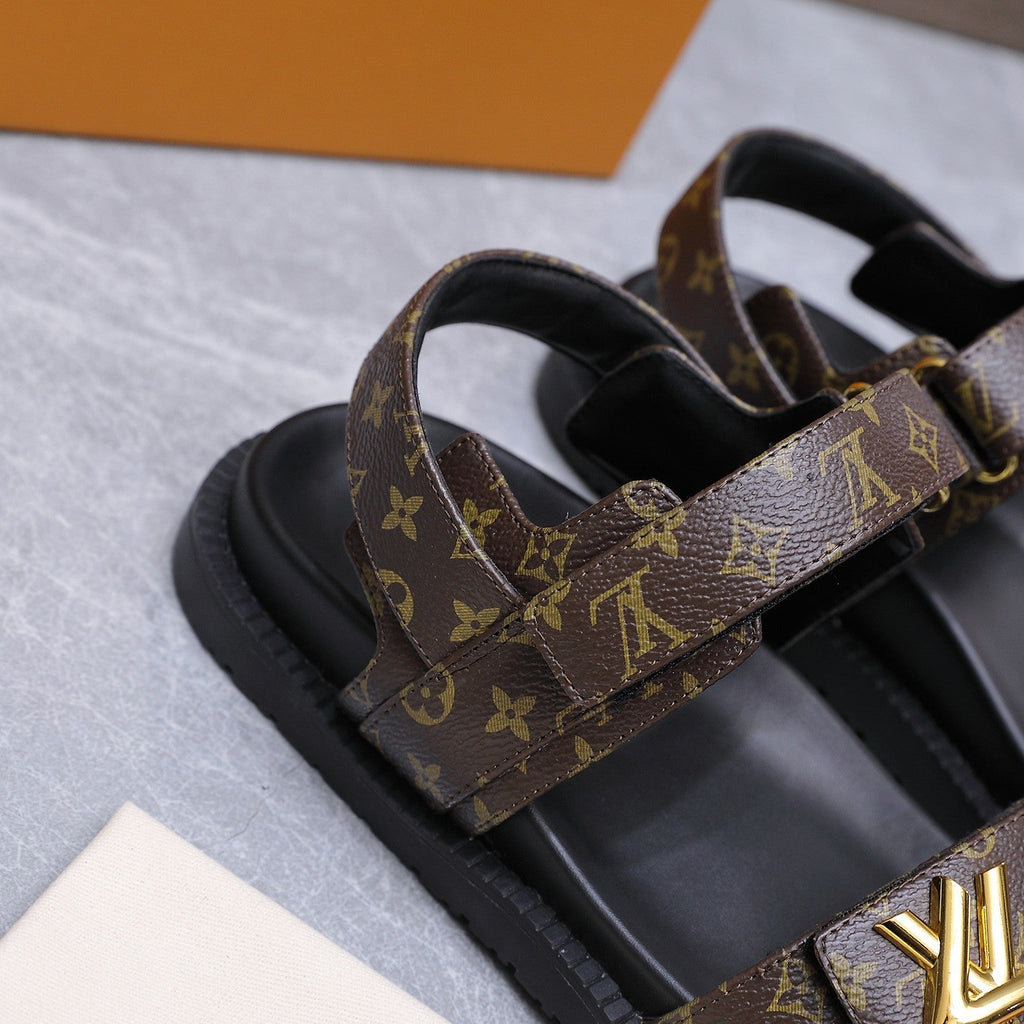 LV 26S SANDALS IN DARK BROWN MONOGRAM COATED CALFSKIN GOLD HARDWARE