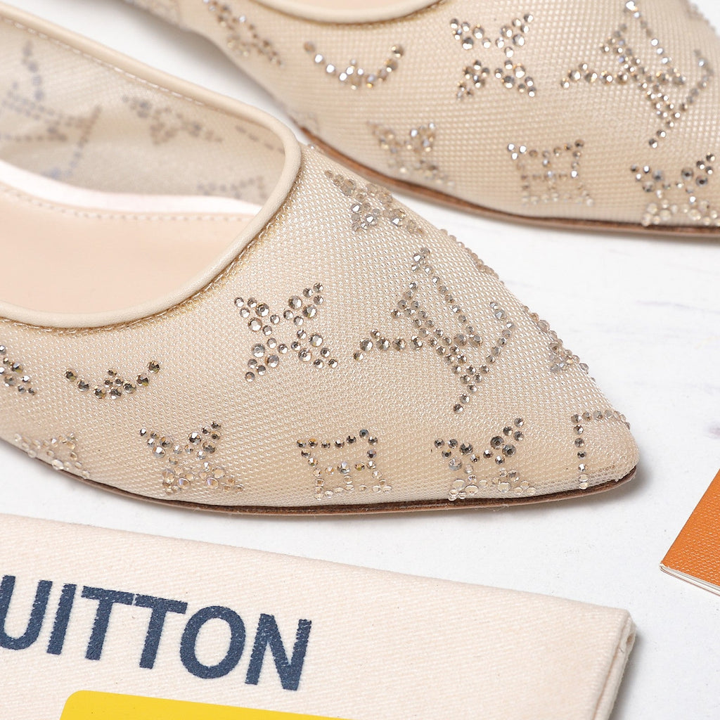 LV 26S GALA FLAT BALLERINA IN NUDE BEIGE MESH WITH WITH RHINESTONES