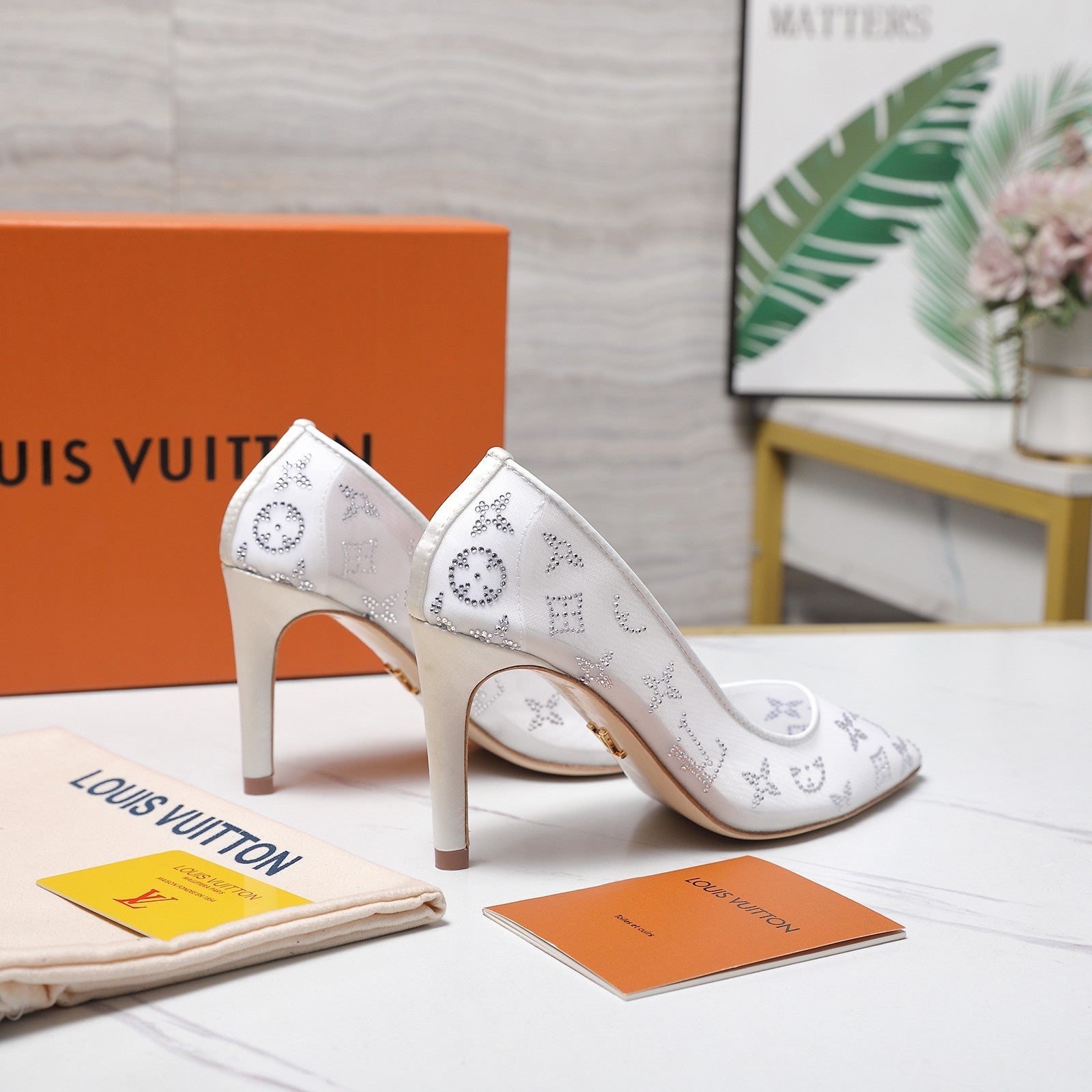 LV 26S GALA HIGH HEELS 85MM IN WHITE MESH WITH WITH RHINESTONES
