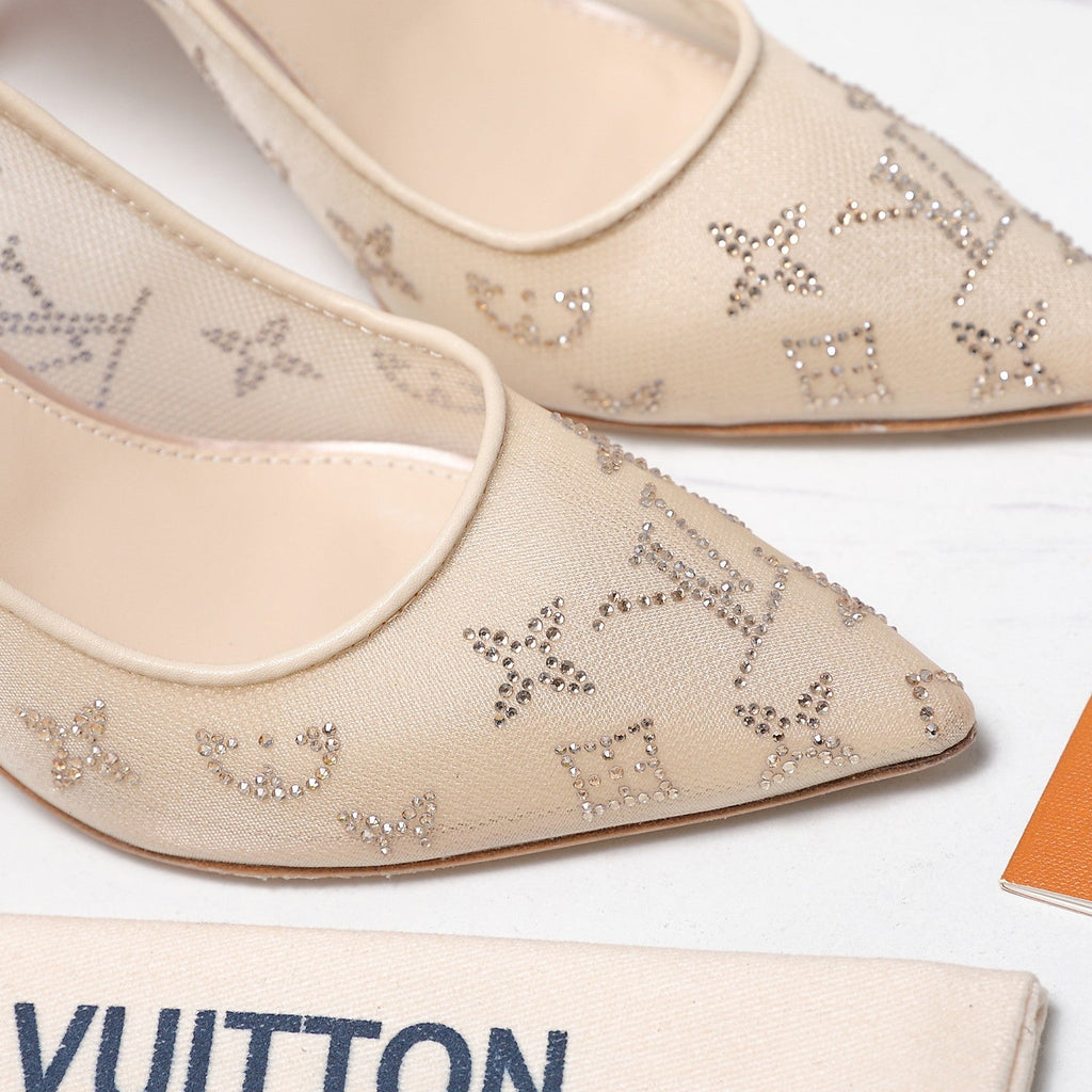 LV 26S GALA HIGH HEELS 85MM IN NUDE BEIGE MESH WITH WITH RHINESTONES