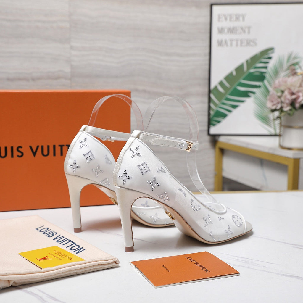 LV 26S GALA SANDAL 85MM IN WHITE MESH WITH WITH RHINESTONES