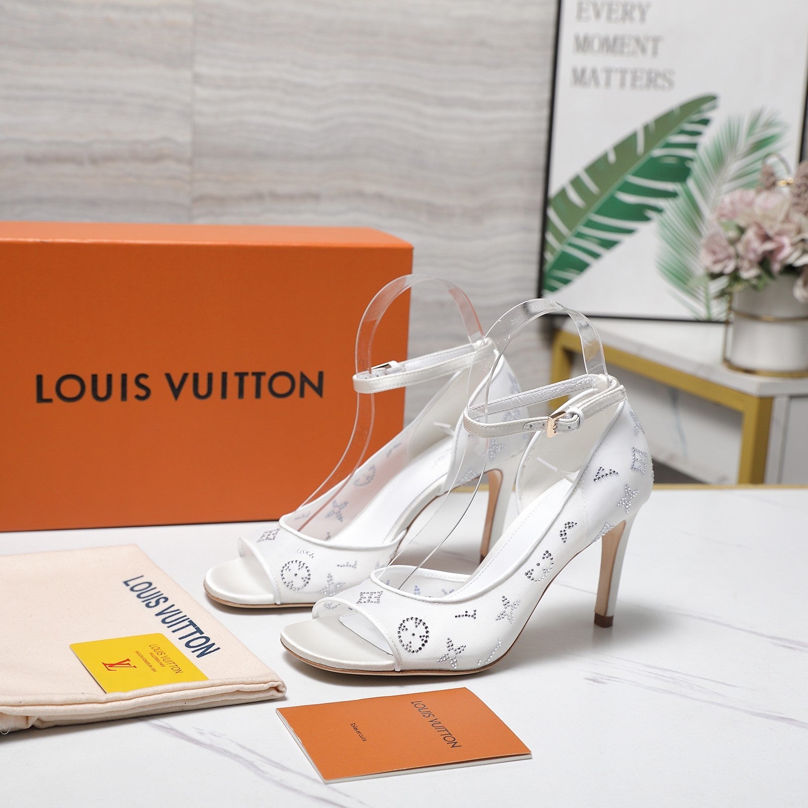 LV 26S GALA SANDAL 85MM IN WHITE MESH WITH WITH RHINESTONES