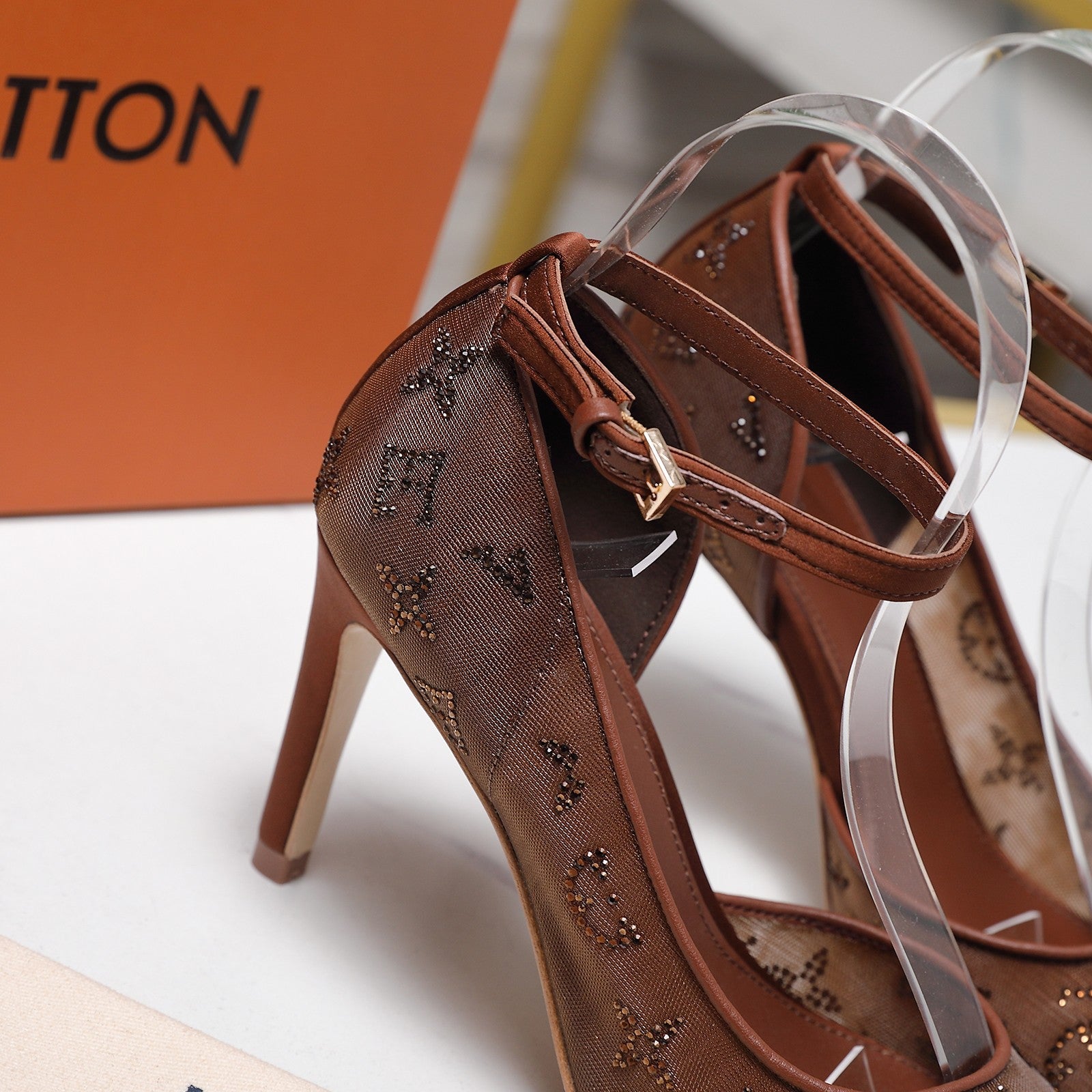 LV 26S GALA SANDAL 85MM IN ORANGE BROWN MESH WITH WITH RHINESTONES