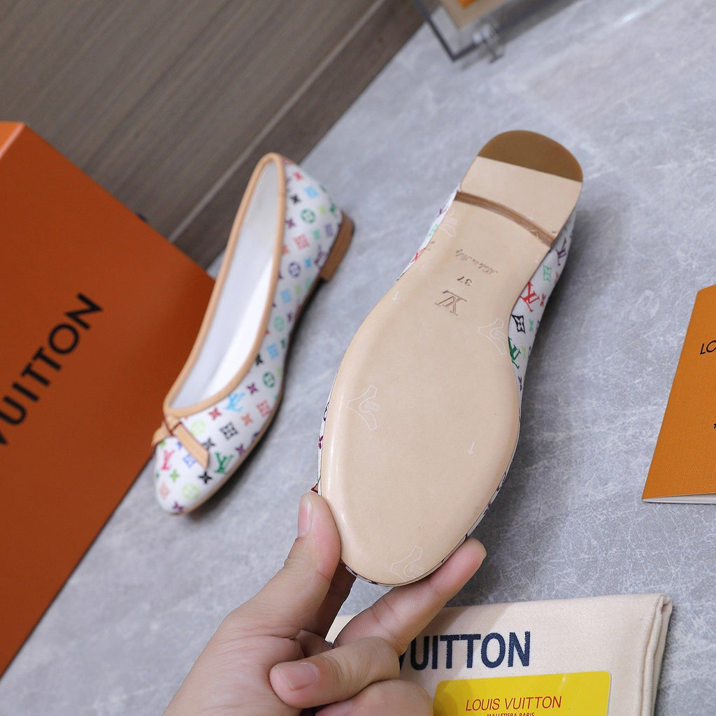 LV 26S BALLET FLATS IN WHITE MULTICOLOR MONOGRAM CALFSKIN WITH BOW