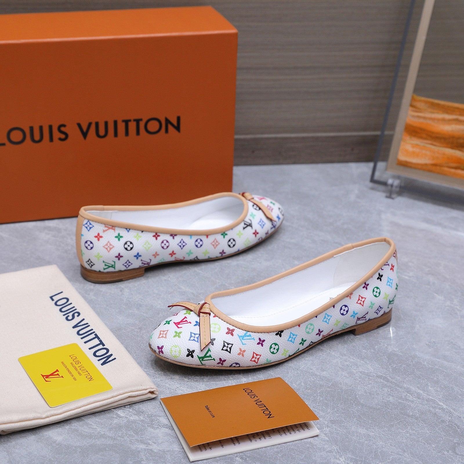 LV 26S BALLET FLATS IN WHITE MULTICOLOR MONOGRAM CALFSKIN WITH BOW
