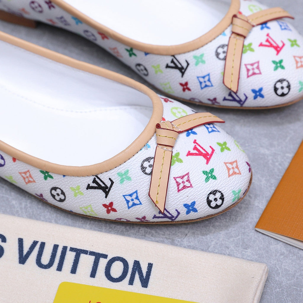 LV 26S BALLET FLATS IN WHITE MULTICOLOR MONOGRAM CALFSKIN WITH BOW