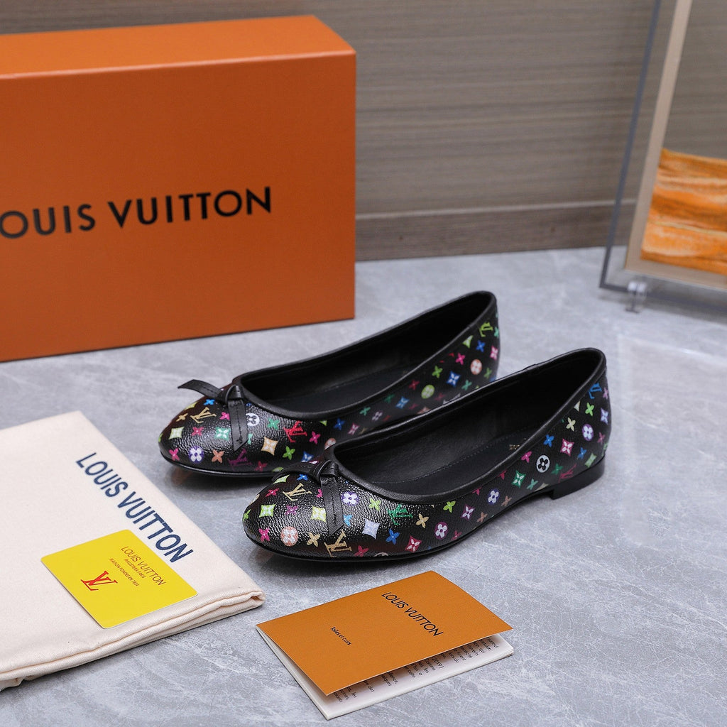 LV 26S BALLET FLATS IN BLACK MULTICOLOR MONOGRAM CALFSKIN WITH BOW
