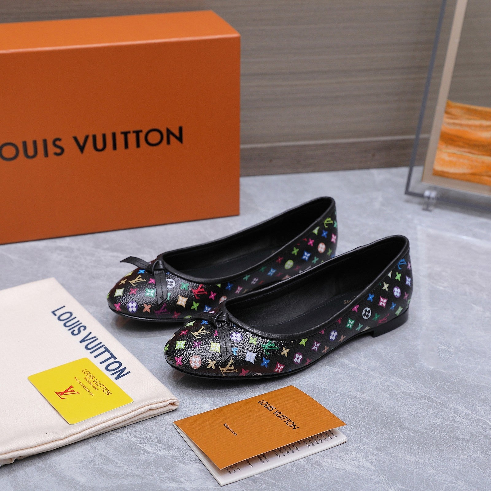 LV 26S BALLET FLATS IN BLACK MULTICOLOR MONOGRAM CALFSKIN WITH BOW