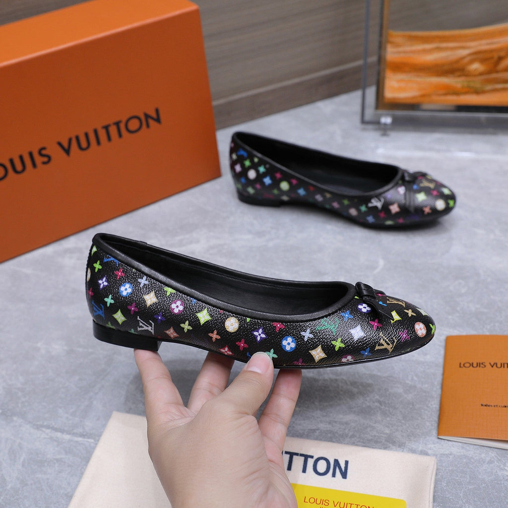 LV 26S BALLET FLATS IN BLACK MULTICOLOR MONOGRAM CALFSKIN WITH BOW