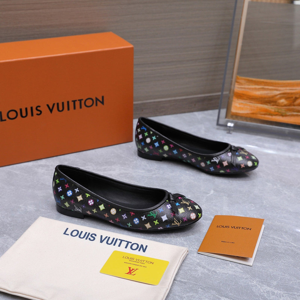 LV 26S BALLET FLATS IN BLACK MULTICOLOR MONOGRAM CALFSKIN WITH BOW