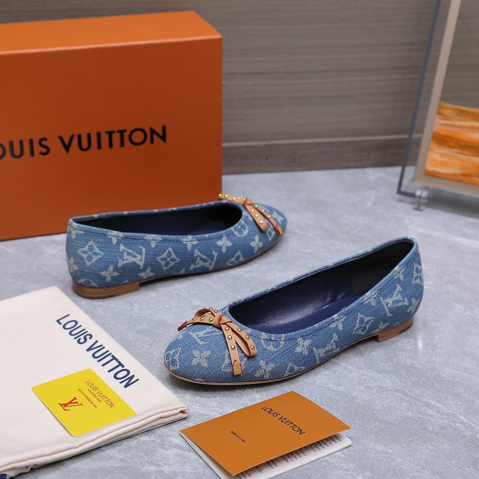 LV 26S BALLET FLATS IN SKY BLUE MONOGRAM DENIM WITH BOW CALFSKIN