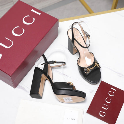 GUCCI 26S HORSEBIT ANKLE STRAP PLATFORM HEELS 115MM IN BLACK CALFSKIN