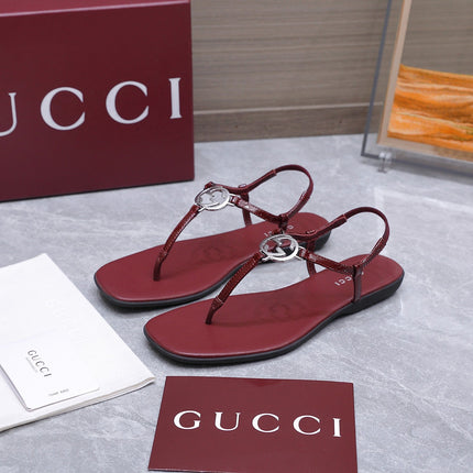 GUCCI 26S INTERLOCKING G THONG SANDALS IN BURGUNDY RED CALFSKIN