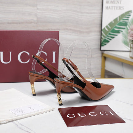GUCCI 26S HEEL POINTED TOE SLINGBACK PUMPS 75MM IN COGNAC BROWN CALFSKIN