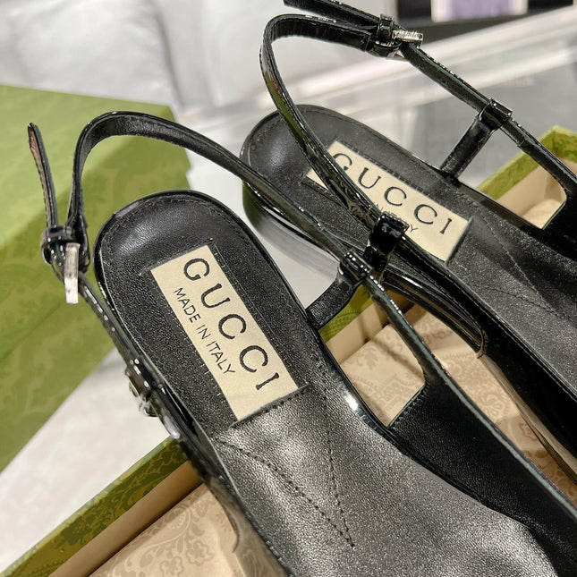 METALIC SLINGBACK FLATS IN BLACK CALFSKIN