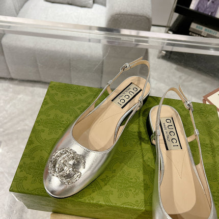 GG CRYSTALS SLINGBACK BALLET SILVER CALFSKIN