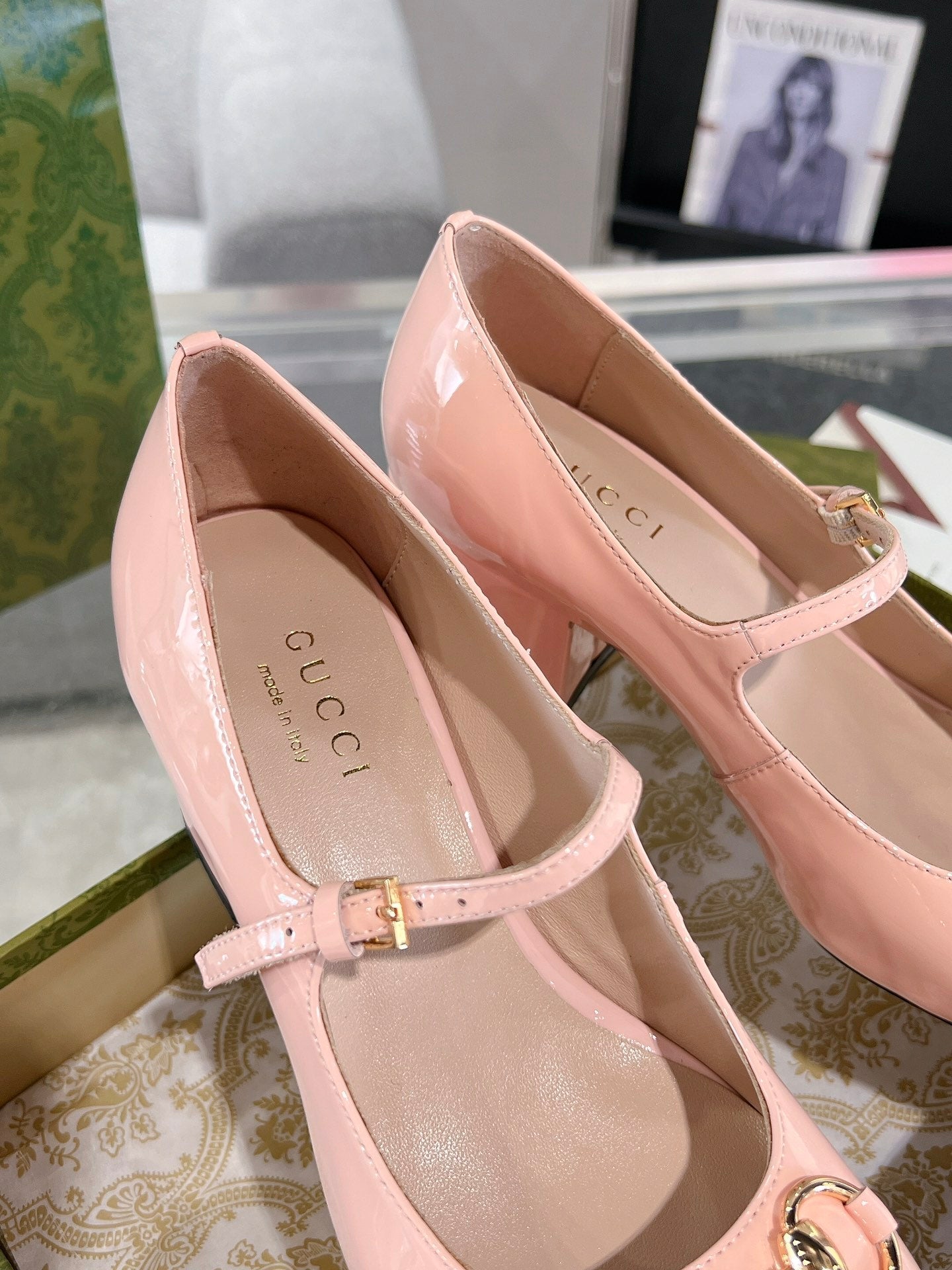 HORSEBIT MARY JANE HEEL IN LIGHT PINK CALFSKIN GOLD HARDWARE