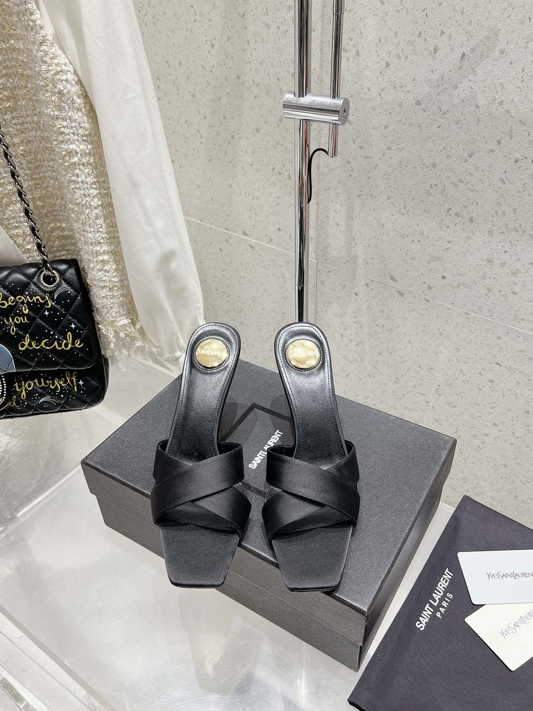 OPYUM HIGH MULES 85 MM IN BLACK SATIN CREPE