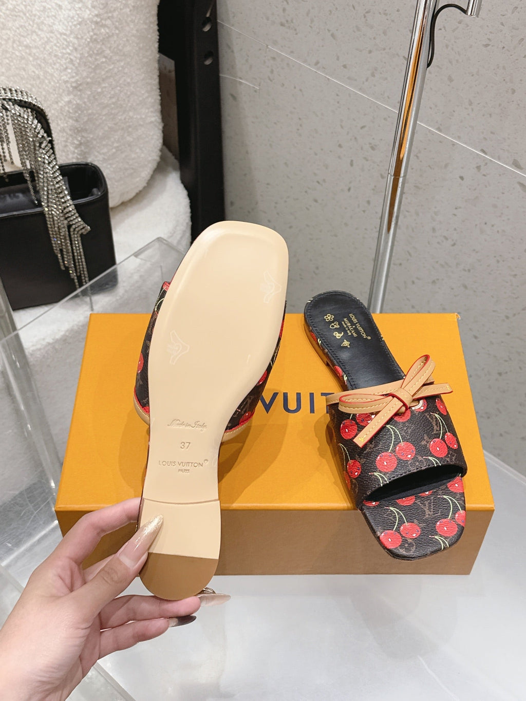 LV 26S FLAT MULE SANDALS IN BLACK MONOGRAM CANVAS WITH CHERRY PRINT