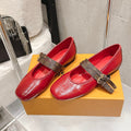 LV 26S MARY JANE FLATS IN DARK RED CALFSKIN WITH BROWN MONOGRAM STRAP
