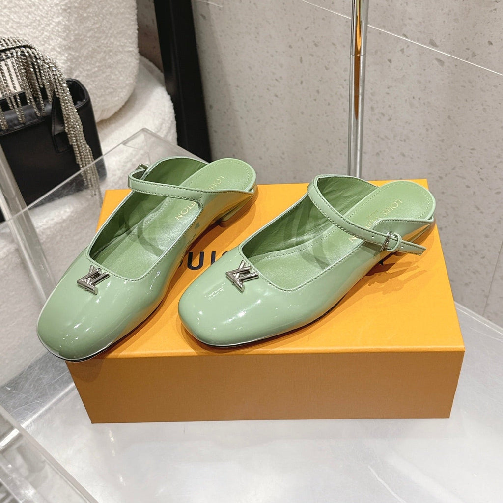 LV 26S FLAT MULES IN MINT GREEN PATENT CALFSKIN