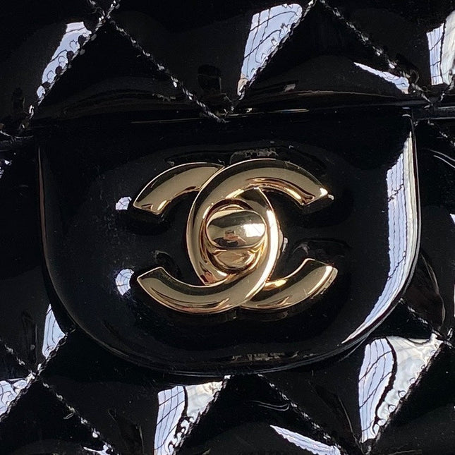 CHANEL 25S MINI FLAP BAG 20 IN BLACK PATENT CALFSKIN GOLD HARDWARE