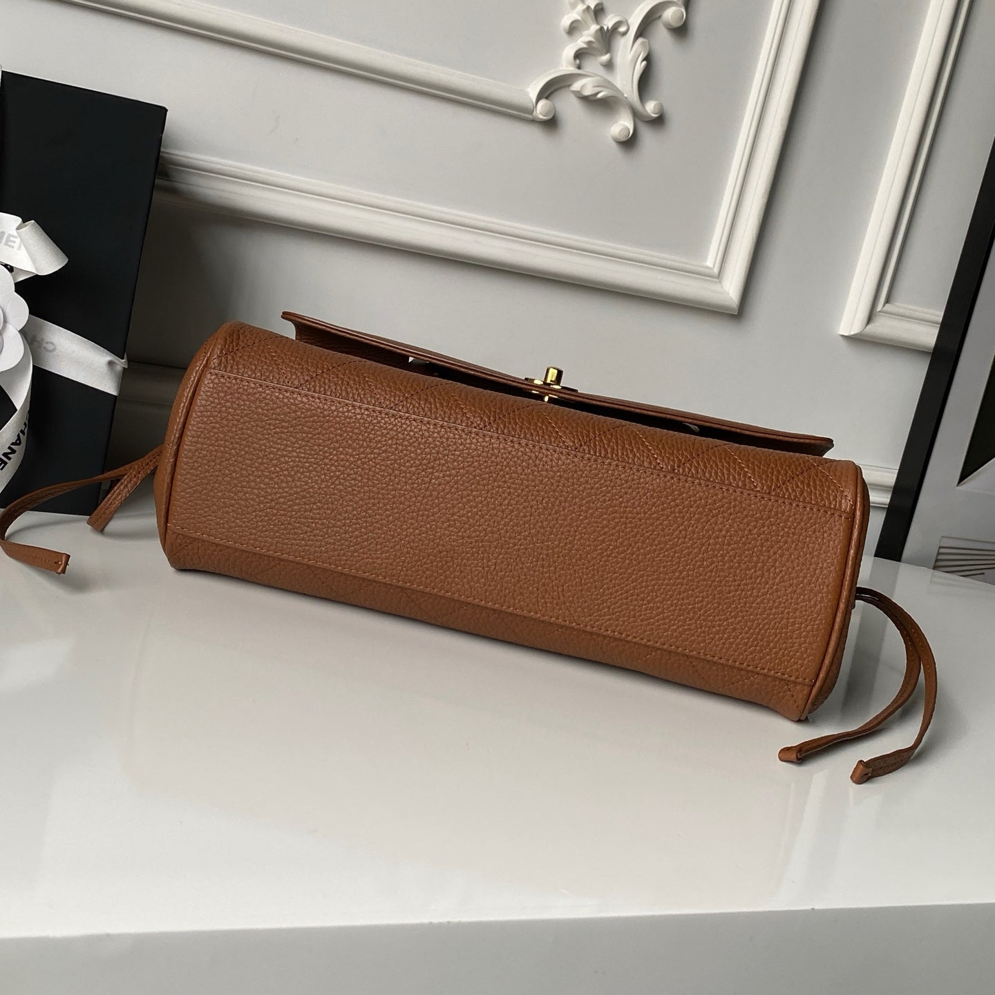 CHANEL 26S BOWLING BAGUETTE BAG 30CM IN CARAMEL BROWN CAVIAR CALFSKIN