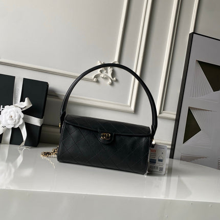 CHANEL 26S BARREL CLUTCH WITH CHAIN 23 IN BLACK QUILTED CALFSKIN GOLD HARDWARE