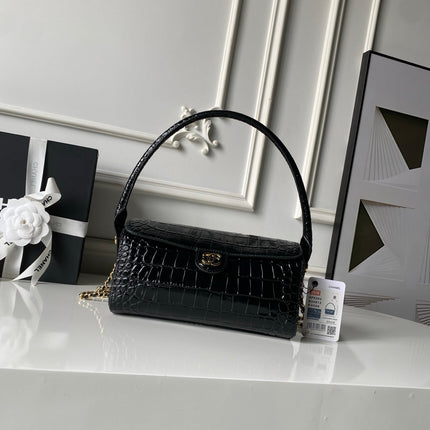 CHANEL 26S BARREL CLUTCH WITH CHAIN 23 IN BLACK CROCODILE-EMBOSSED CALFSKIN GOLD HARDWARE