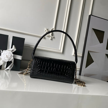 CHANEL 26S BARREL CLUTCH WITH CHAIN 23 IN BLACK CROCODILE-EMBOSSED CALFSKIN GOLD HARDWARE