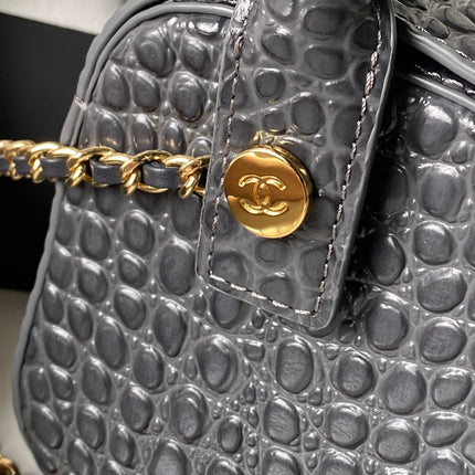 CHANEL 26S BARREL CLUTCH WITH CHAIN 23 IN DARK GREY CROCODILE-EMBOSSED CALFSKIN GOLD HARDWARE