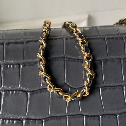 CHANEL 26S BARREL CLUTCH WITH CHAIN 23 IN DARK GREY CROCODILE-EMBOSSED CALFSKIN GOLD HARDWARE