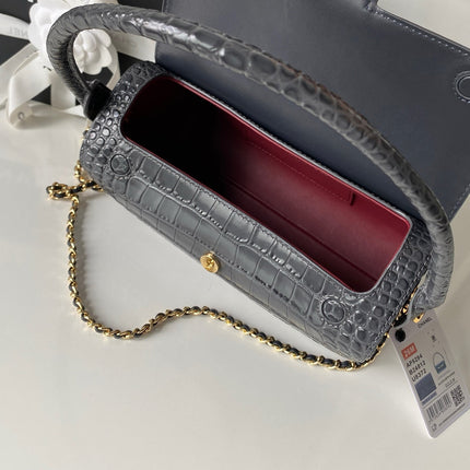 CHANEL 26S BARREL CLUTCH WITH CHAIN 23 IN DARK GREY CROCODILE-EMBOSSED CALFSKIN GOLD HARDWARE