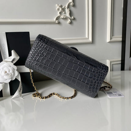CHANEL 26S BARREL CLUTCH WITH CHAIN 23 IN DARK GREY CROCODILE-EMBOSSED CALFSKIN GOLD HARDWARE