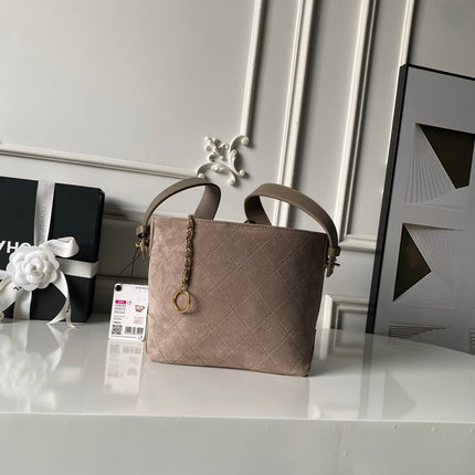 CHANEL 26S BUCKET SHOULDER BAG 27 IN TAUPE BROWN SUEDE AND CALFSKIN GOLD HARDWARE