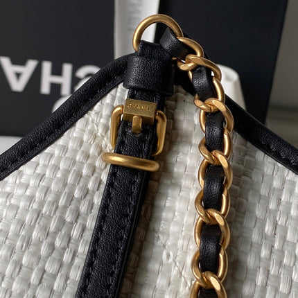 CHANEL 26S MAXI SHOPPING BAG 28 IN WHITE RAFFIA AND BLACK CALFKIN GOLD HARDWARE