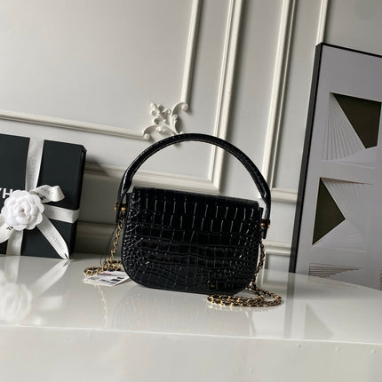 CHANEL 26S TOP HANDLE BAG 19 IN BLACK CROCODILE-EMBOSSED CALFSKIN GOLD HARDWARE