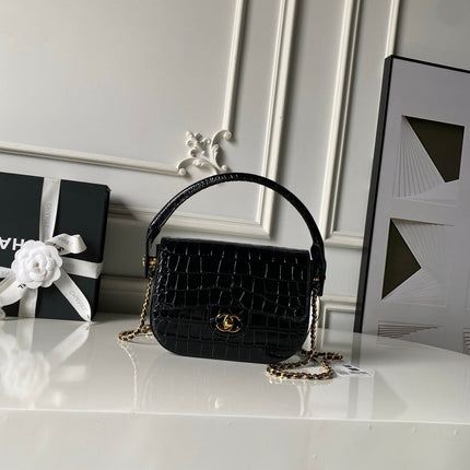 CHANEL 26S TOP HANDLE BAG 19 IN BLACK CROCODILE-EMBOSSED CALFSKIN GOLD HARDWARE