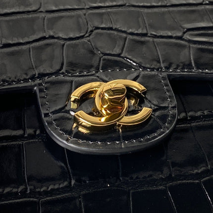 CHANEL 26S TOP HANDLE BAG 19 IN BLACK CROCODILE-EMBOSSED CALFSKIN GOLD HARDWARE