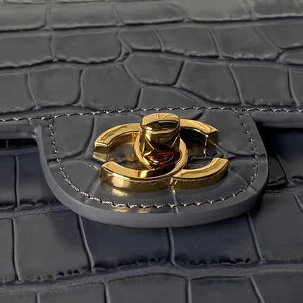 CHANEL 26S TOP HANDLE BAG 19 IN DARK GREY CROCODILE-EMBOSSED CALFSKIN GOLD HARDWARE