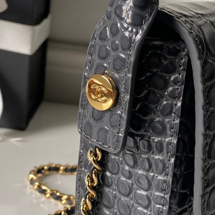 CHANEL 26S TOP HANDLE BAG 19 IN DARK GREY CROCODILE-EMBOSSED CALFSKIN GOLD HARDWARE