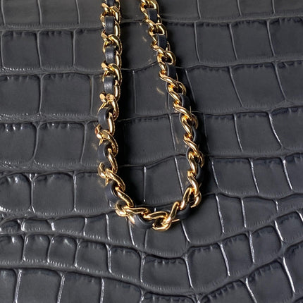 CHANEL 26S TOP HANDLE BAG 19 IN DARK GREY CROCODILE-EMBOSSED CALFSKIN GOLD HARDWARE