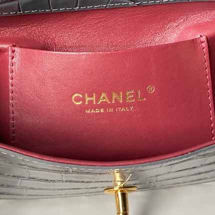 CHANEL 26S TOP HANDLE BAG 19 IN DARK GREY CROCODILE-EMBOSSED CALFSKIN GOLD HARDWARE