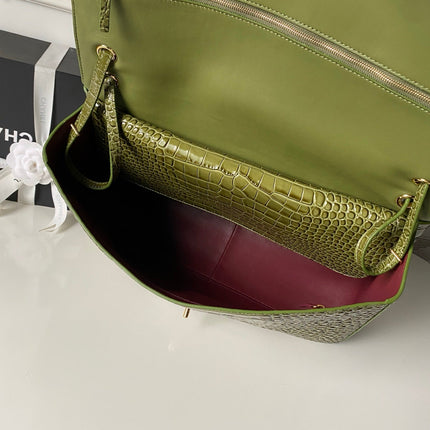 CHANEL 26S CC LOGO SHOULDER BAG 39 IN OLIVE GREEN CROCODILE-EMBOSSED CALFSKIN GOLD HARDWARE