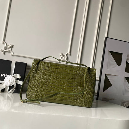 CHANEL 26S CC LOGO SHOULDER BAG 39 IN OLIVE GREEN CROCODILE-EMBOSSED CALFSKIN GOLD HARDWARE