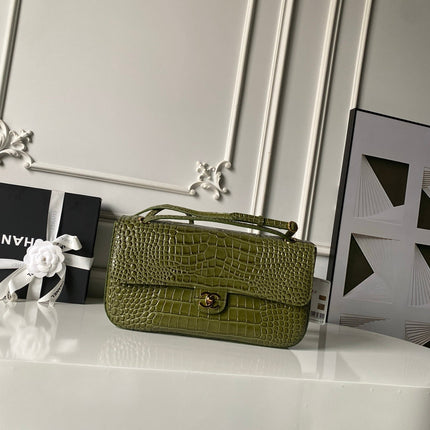 CHANEL 26S CC LOGO SHOULDER BAG 32 IN OLIVE GREEN CROCODILE-EMBOSSED CALFSKIN GOLD HARDWARE