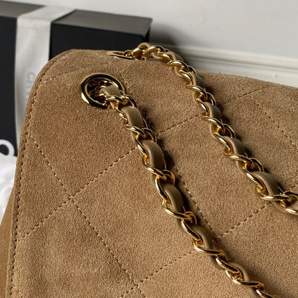CHANEL 26S CLASSIC FLAP MEDIUM 39 IN LIGHT BROWN QUILTED SUEDE AND CALFSKIN GOLD HARDWARE
