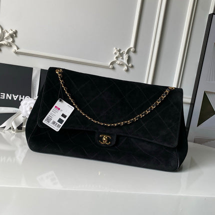 CHANEL 26S CLASSIC FLAP MEDIUM 39 IN BLACK QUILTED SUEDE AND CALFSKIN GOLD HARDWARE